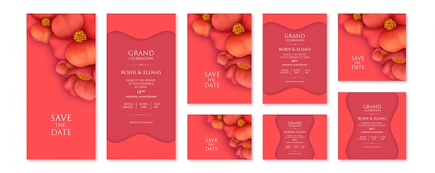 Abstract red floral invitation set template with variable sizes