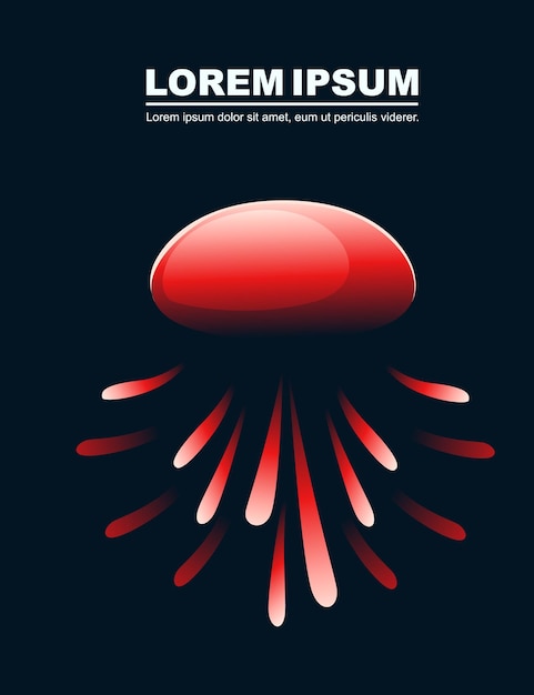 Abstract red jellyfish with neon style color flat vector illustration on dark background