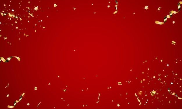 Abstract Red Party Holiday Background with Confetti and Golden Ribbon.