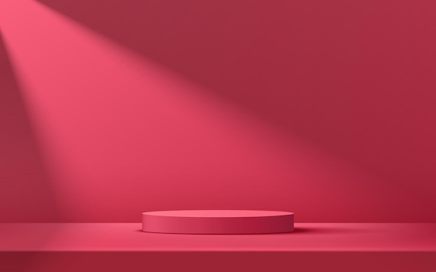 추상 레드 핑크 실린더 받침대 연단 레드 핑크 빈 방 창 렌더링 3d 모양의 그림자