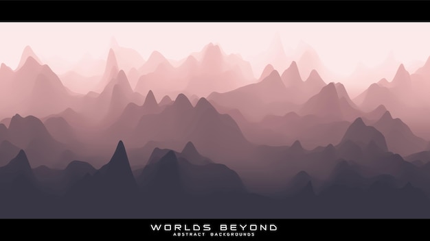 Abstract reddish landscape with misty fog till horizon over mountain slopes.