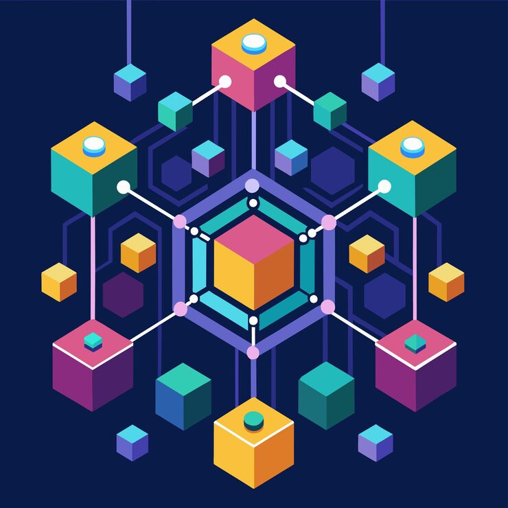 Vector abstract representation of blockchain technology with interconnected cubes and hexagon an abstract representation of blockchain technology in a minimalist style