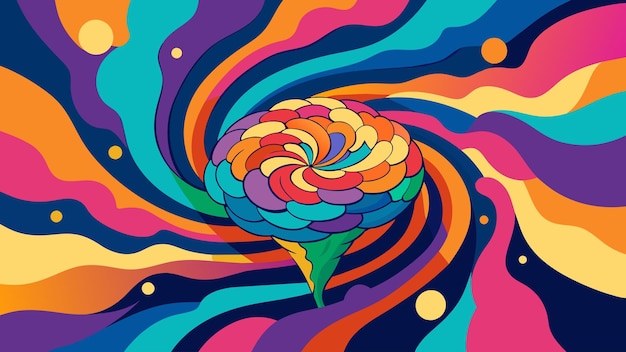 An abstract representation of a brain is transformed into a swirling pool of psychedelic colors