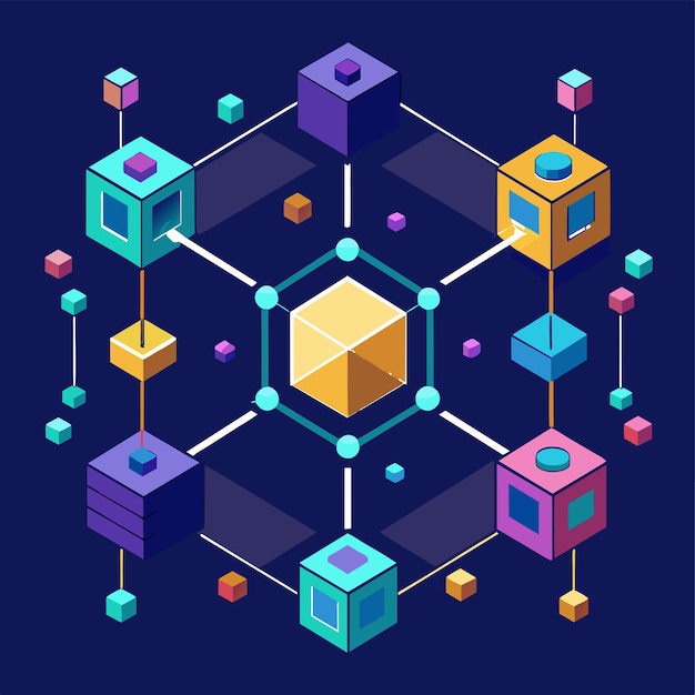 Vector abstract representation of a hexagonal structure symbolizing blockchain technology create an abstract representation of blockchain technology through swirling patterns and geometric shapes