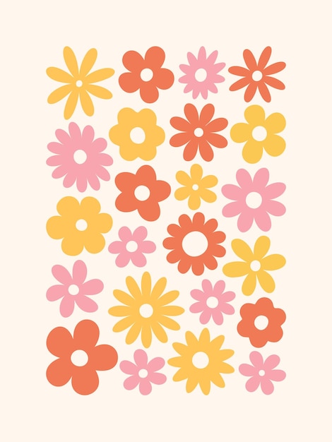 Vector abstract retro floral poster trendy print with groovy daisy flowers vintage 70s style background