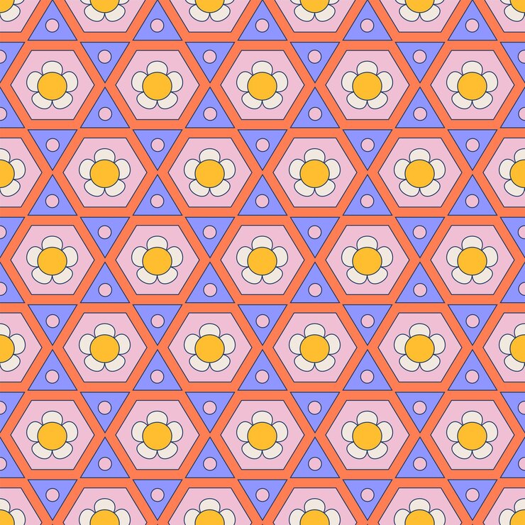 Vector abstract retro floral tiles seamless pattern colorful flat vector illustration groovy geometric