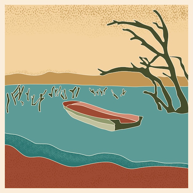 Abstract retro landscape poster Stylized boat in lake with dry tree trunks mountains on the horizon