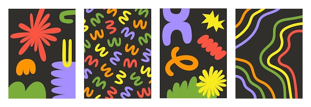 Abstract retro set colorful backgrounds with naive playful shapes on a black background