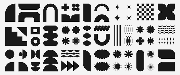 Abstract retro shapes basic brutal forms and figures in Y2K aesthetics vintage stickers logos labels