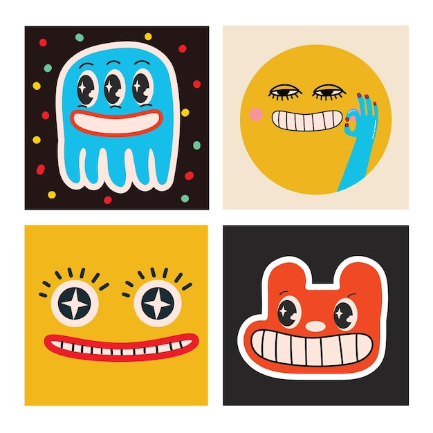 Vector abstract retro stickers cartoon 30s 40s 50s clip art character with funny facesvector psychedelic square banners set