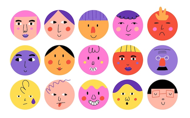 Абстрактные круглые лица Смешные мультяшные персонажи с разными эмоциями в стиле каракулей счастливые модные аватары улыбаются люди портрет современные геометрические иллюстрации рисованной вектор изолированный набор