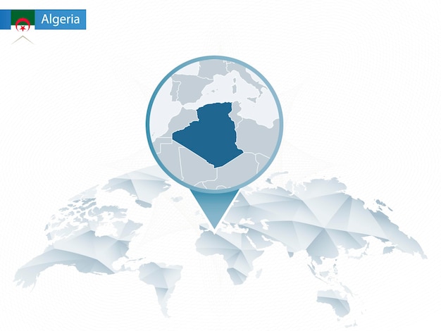 Abstract rounded World Map with pinned detailed Algeria map. Map and flag of Algeria. Vector Illustration.