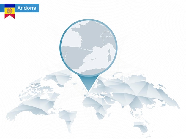 Abstract rounded World Map with pinned detailed Andorra map. Vector Illustration.