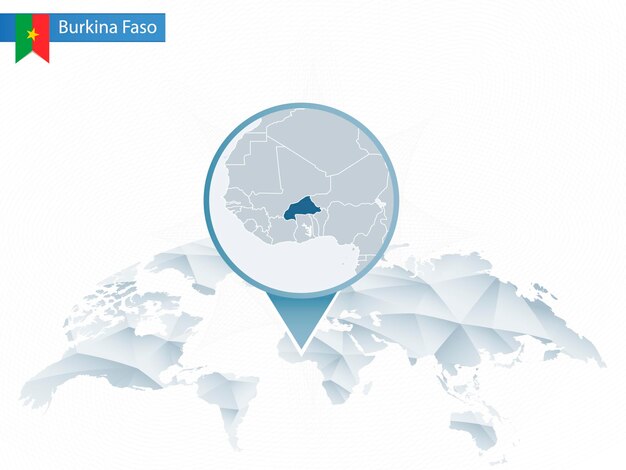 Абстрактная округлая карта мира с закрепленной подробной картой Буркина-Фасо. Векторная иллюстрация.