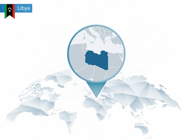 Abstract rounded World Map with pinned detailed Libya map. Map and flag of Libya. Vector Illustration.