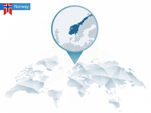 Abstract rounded World Map with pinned detailed Norway map. Map and flag of Norway. Vector Illustration.