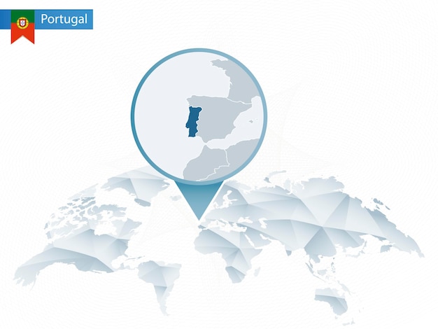 Abstract rounded World Map with pinned detailed Portugal map. Map and flag of Portugal. Vector Illustration.