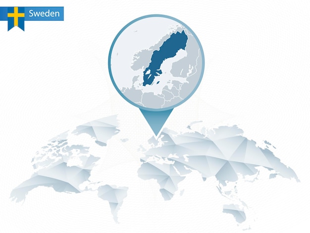 Абстрактная округлая карта мира с закрепленной подробной картой Швеции. Карта и флаг Швеции. Векторная иллюстрация.