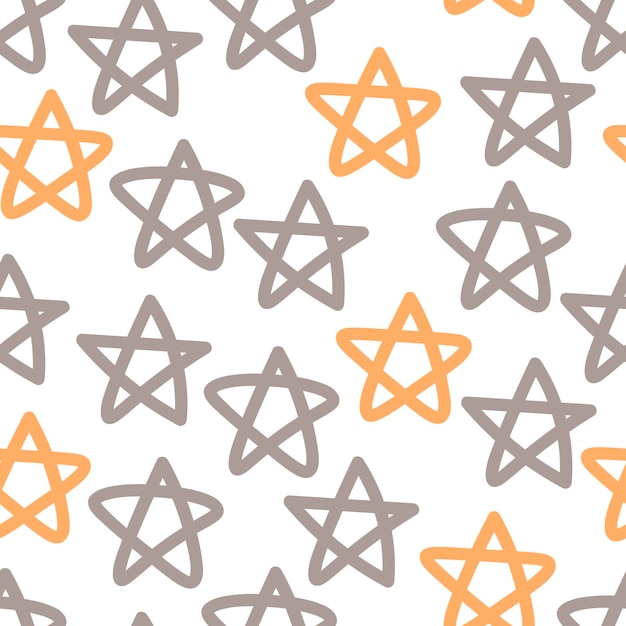Abstract schattig naadloos patroon met kleurrijke chaotische kleine oranje, beige sterren op wit.