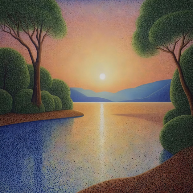 Abstract schilderij van het meer met zonsondergang kleurrijke bomen water en gras 3D illustratie ab