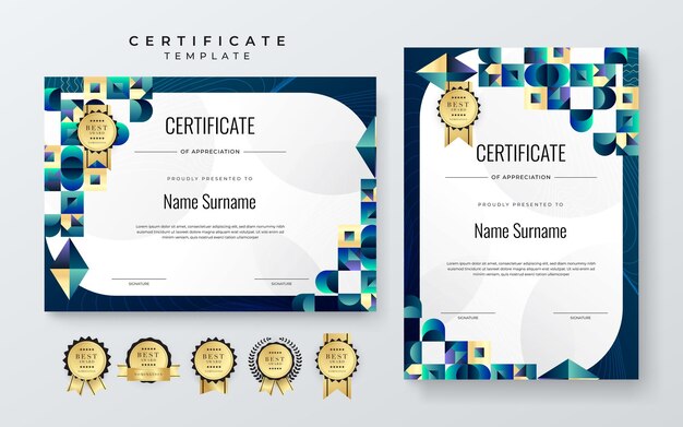 Abstract Schoon professioneel wit en blauw certificaat van waardering sjabloon diploma modern certificaat met badge Elegant bedrijfsdiploma lay-out voor opleiding afstuderen of cursus voltooien