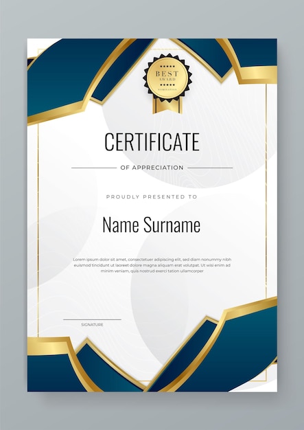 Abstract Schoon professioneel wit en blauw certificaat van waardering sjabloon diploma modern certificaat met badge Elegant bedrijfsdiploma lay-out voor opleiding afstuderen of cursus voltooien