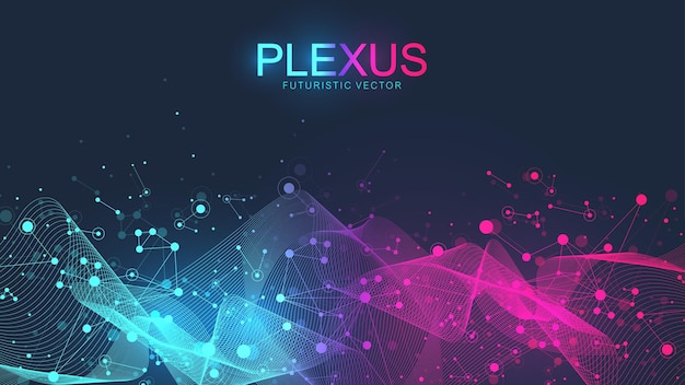 abstract scientific background with dynamic particles, wave flow. plexus stream background. 3d data visualization with fractal elements. cyberpunk style. digital vector illustration.