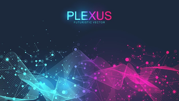 Abstract scientific background with dynamic particles, wave flow. Plexus stream background. 3D data visualization with fractal elements. Cyberpunk style. Digital vector illustration.