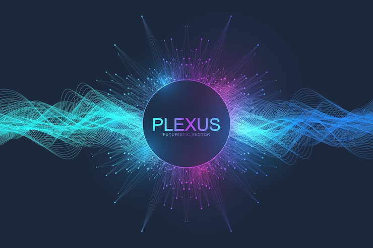 Vector abstract scientific background with dynamic particles, wave flow. plexus stream background. 3d data visualization with fractal elements. cyberpunk style. digital vector illustration.