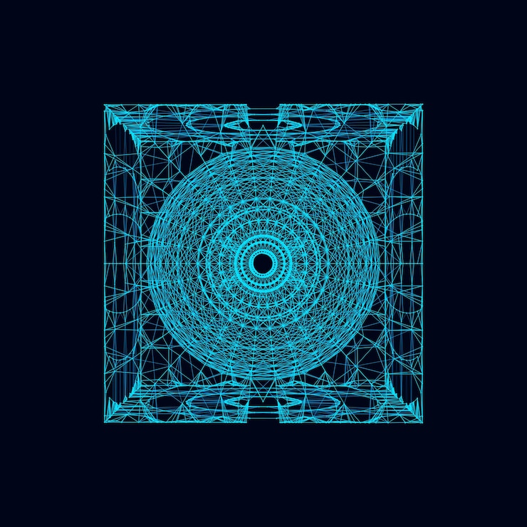 Vector abstract scifi cube with particle and line vector technology network connection on world global digital connections ai wireframe cube blockchain encryption
