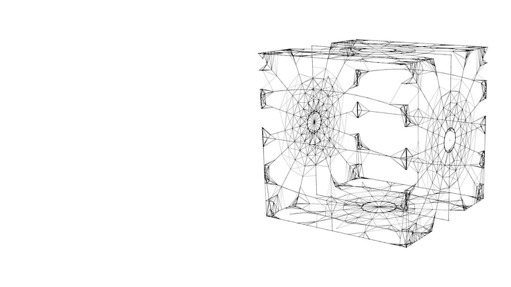 Vector 抽象的科幻立方体与粒子和线路矢量技术网络连接在世界全球数字连接ai wireframe立方体区块链加密