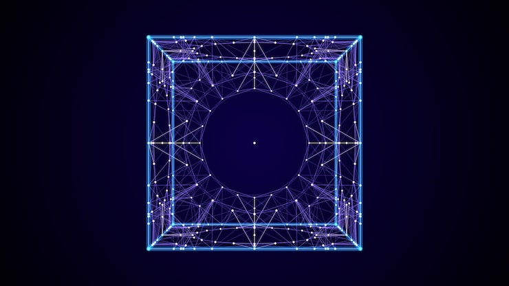 Vector abstract scifi cube with particle and line vector technology network connection on world global digital connections ai wireframe cube blockchain encryption