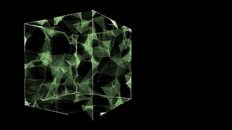 Vector abstract scifi cube with particle and line vector technology network connection on world global digital connections ai wireframe cube blockchain encryption