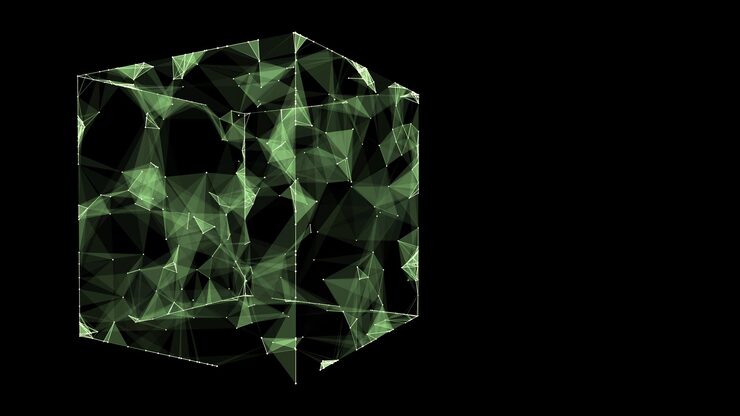 Vector abstract scifi cube with particle and line vector technology network connection on world global digital connections ai wireframe cube blockchain encryption