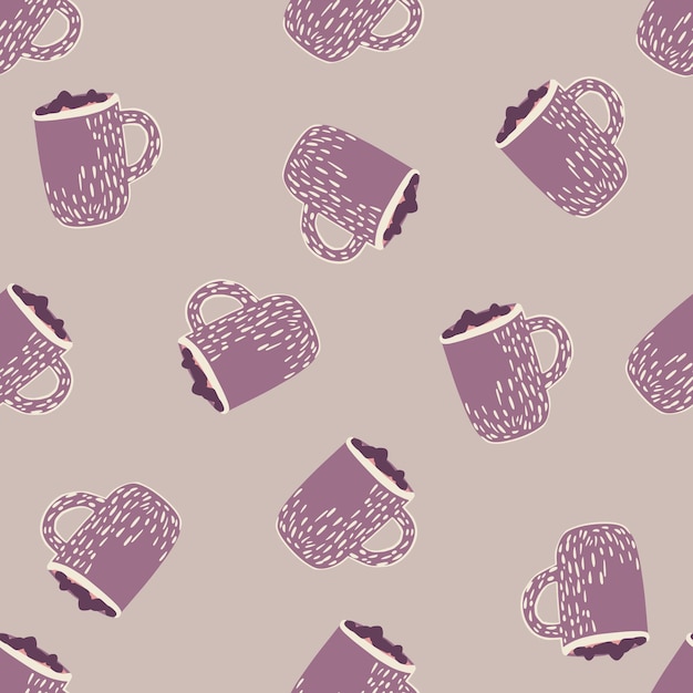 Abstract seamless doodle pattern with purple cocoa cup ornament.