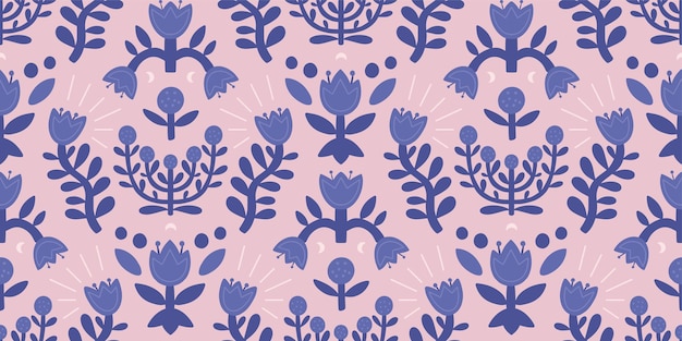 Abstract seamless hand drawn pattern with abstract flowers and leaves on pink background