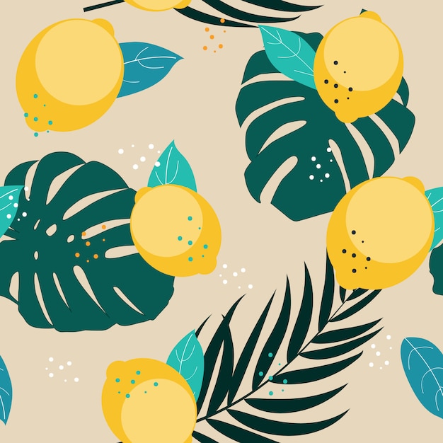Abstract seamless pattern background with lemon and palm leaves  illustration
