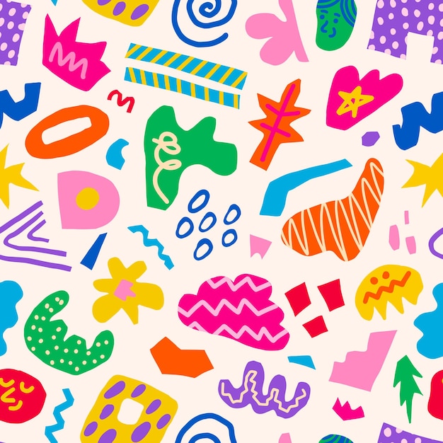 Vector abstract seamless pattern of colorful hand drawn various shapes curls forms and doodle objects