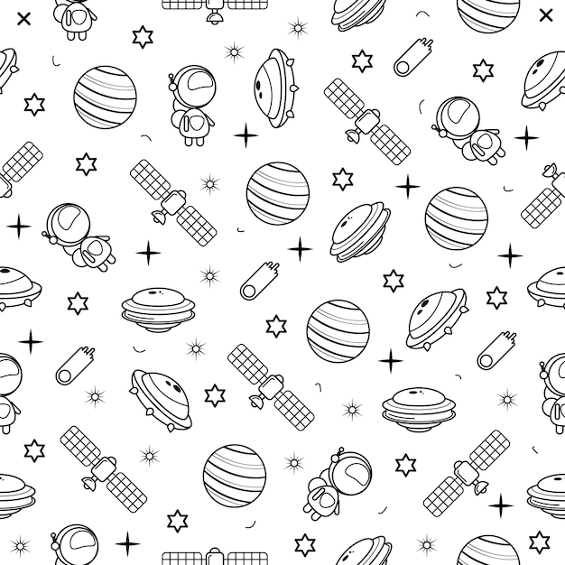 Abstract Seamless Pattern Doodle Collection Aliens Ufo Planets Galaxy Space Logo Vector Design Style