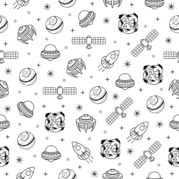 Abstract Seamless Pattern Doodle Collection Aliens Ufo Planets Galaxy Space Logo Vector Design Style