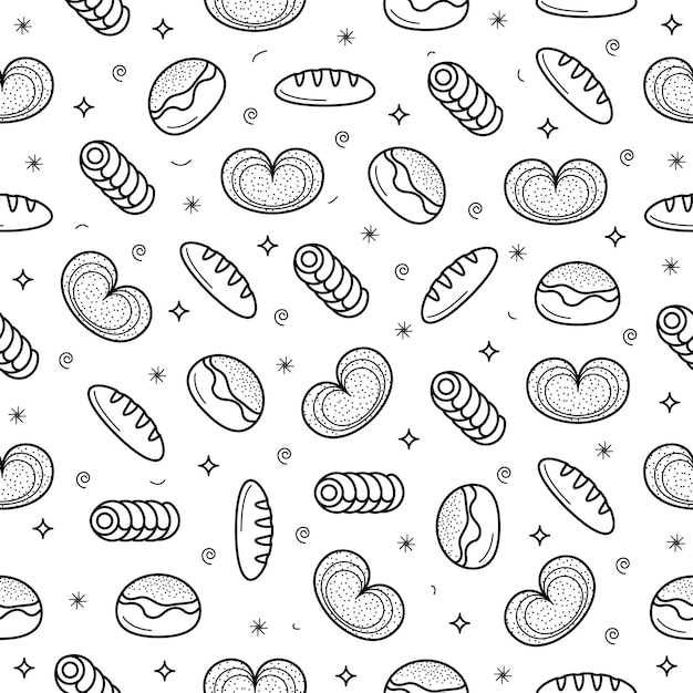 Abstract Seamless Pattern Doodle Collection Bread Bun Bakery Logo Vector Symbol Icon Design Style