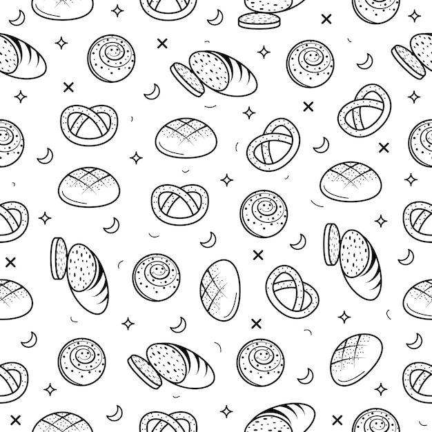 抽象的なシームレス パターン落書きコレクション パン パン ベーカリー ロゴ ベクトル シンボル アイコン デザイン スタイル