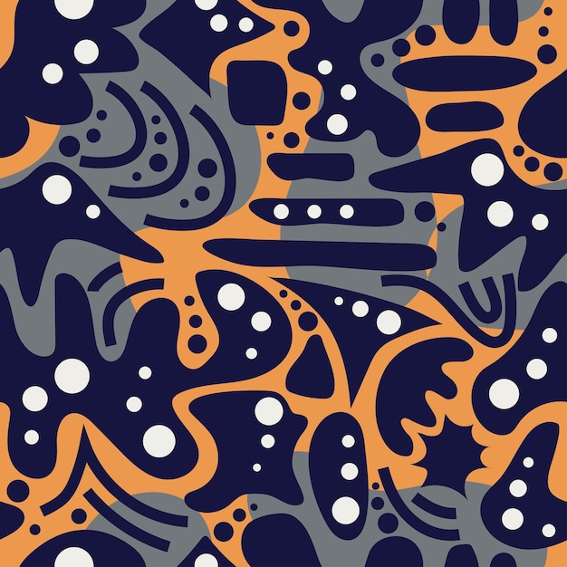 Abstract seamless pattern ethnic motifs geometric fissures orange and dark blue background
