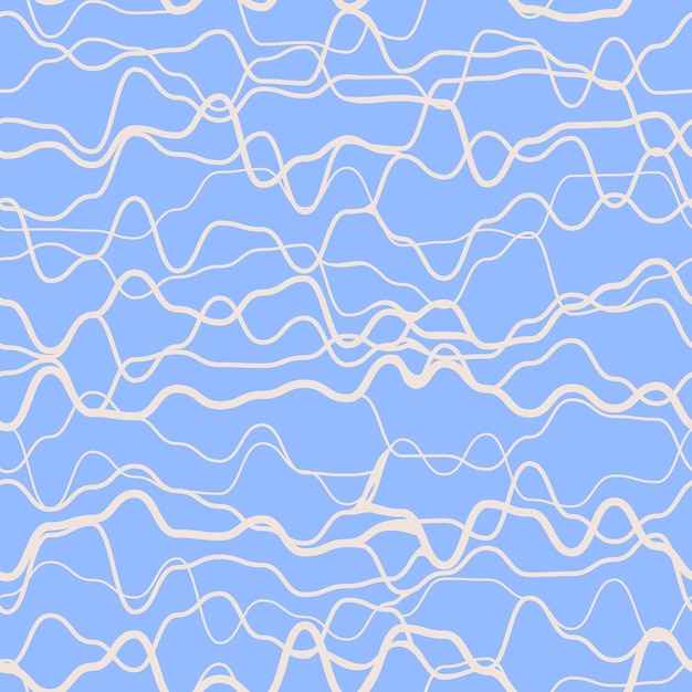 Abstract seamless pattern. Irregular wavy lines, stripes, beige waves on blue background. Vector illustration.
