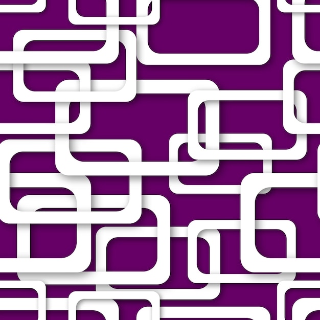 Abstract seamless pattern of randomly arranged white rectangle frames with soft shadows on purple background