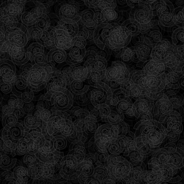 Abstract seamless pattern of randomly distributed translucent spirals in black and gray colors