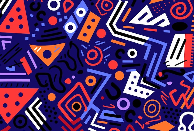 사각형 삼각형 및 파란색 주황색과 빨간색의 다른 모양의 추상 원활한 패턴