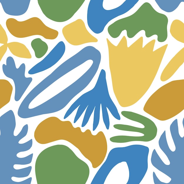 Вектор Абстрактный бесшовный паттерн с синими формами природы или отметками и экзотическими листьями на белом