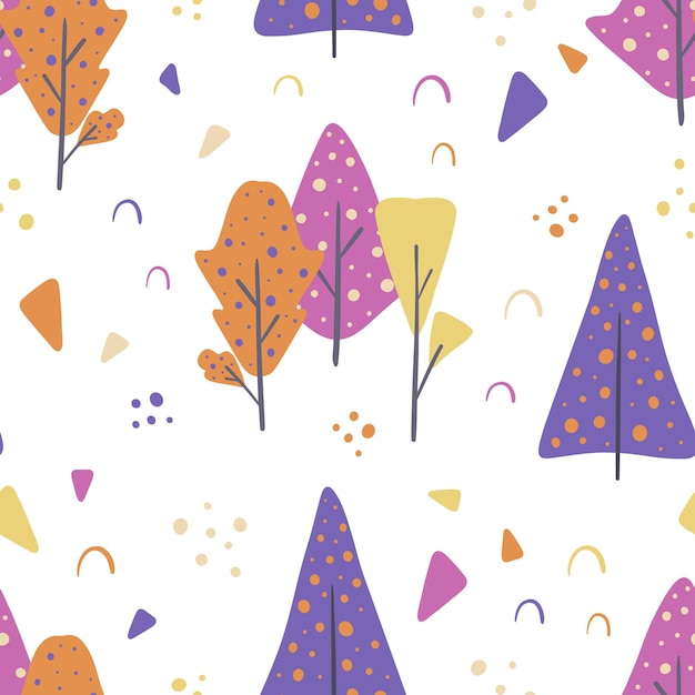 Vector abstract seamless pattern with colored forest trendy hand drawn textures