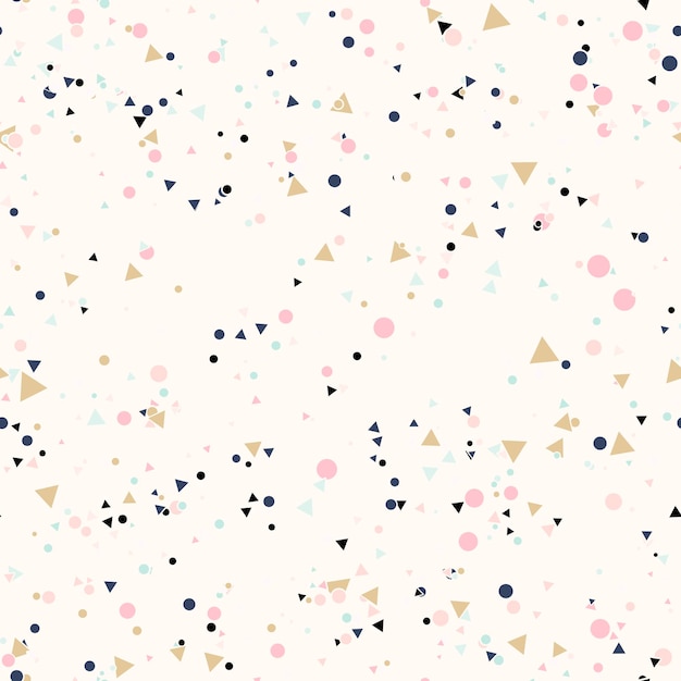 Abstract seamless pattern with colorful chaotic small circles and triangles on beige.